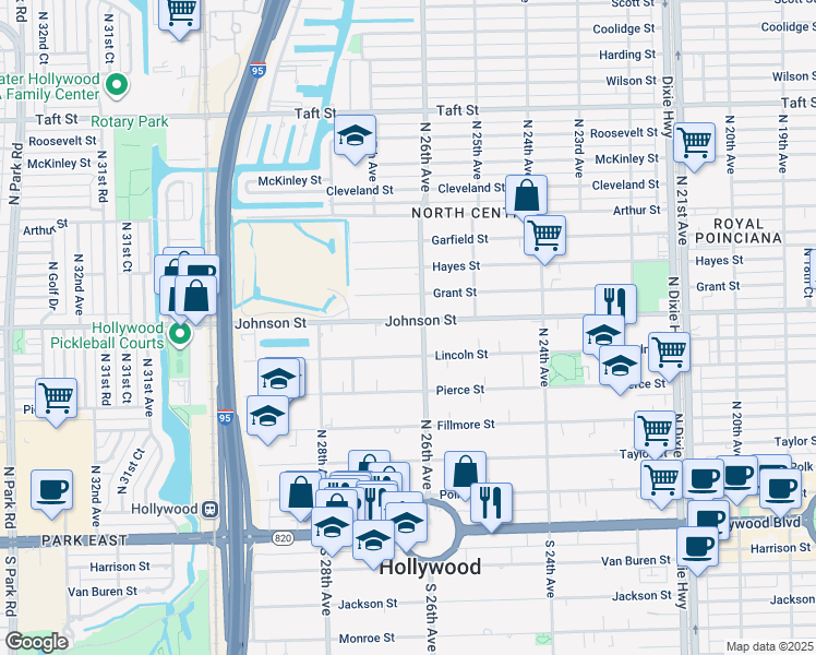 map of restaurants, bars, coffee shops, grocery stores, and more near 2610 Grant Street in Hollywood