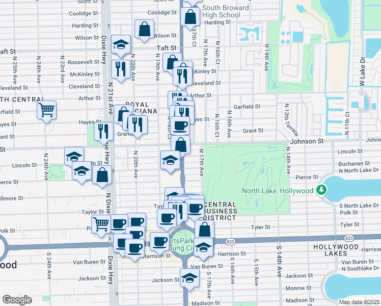 map of restaurants, bars, coffee shops, grocery stores, and more near 1727 Johnson Street in Hollywood