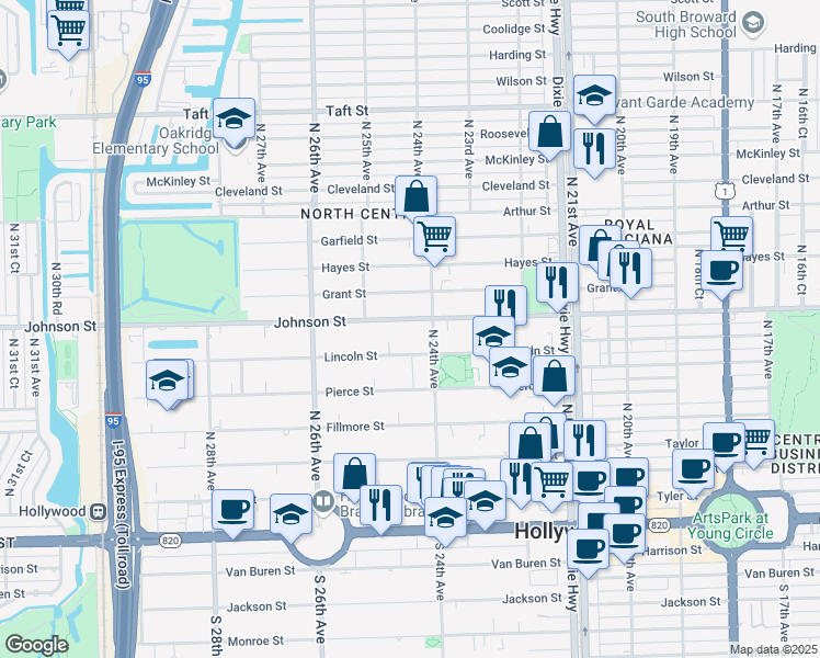 map of restaurants, bars, coffee shops, grocery stores, and more near 2419 Johnson Street in Hollywood