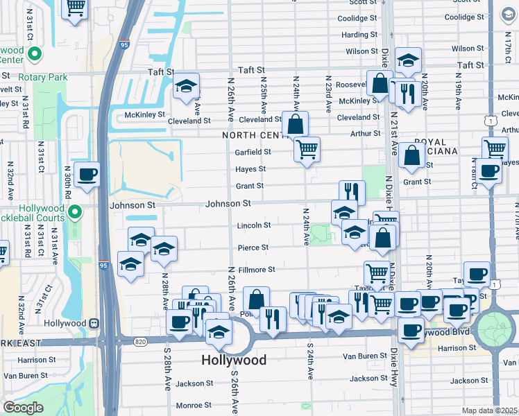 map of restaurants, bars, coffee shops, grocery stores, and more near 911 North 25th Avenue in Hollywood