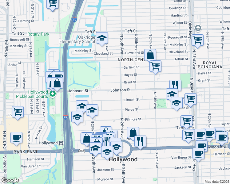 map of restaurants, bars, coffee shops, grocery stores, and more near 2610 Grant Street in Hollywood