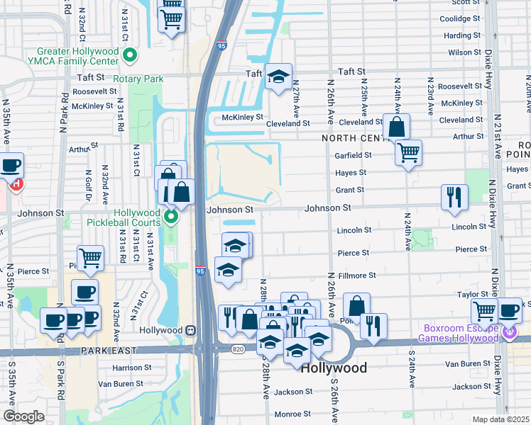 map of restaurants, bars, coffee shops, grocery stores, and more near 2727 Johnson Street in Hollywood