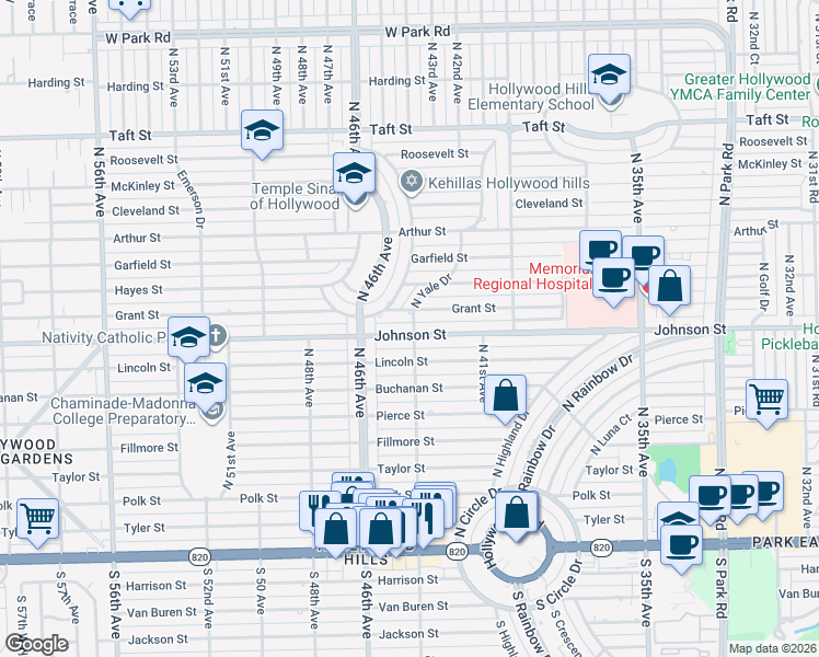 map of restaurants, bars, coffee shops, grocery stores, and more near 1001 East Hawthorne Circle in Hollywood