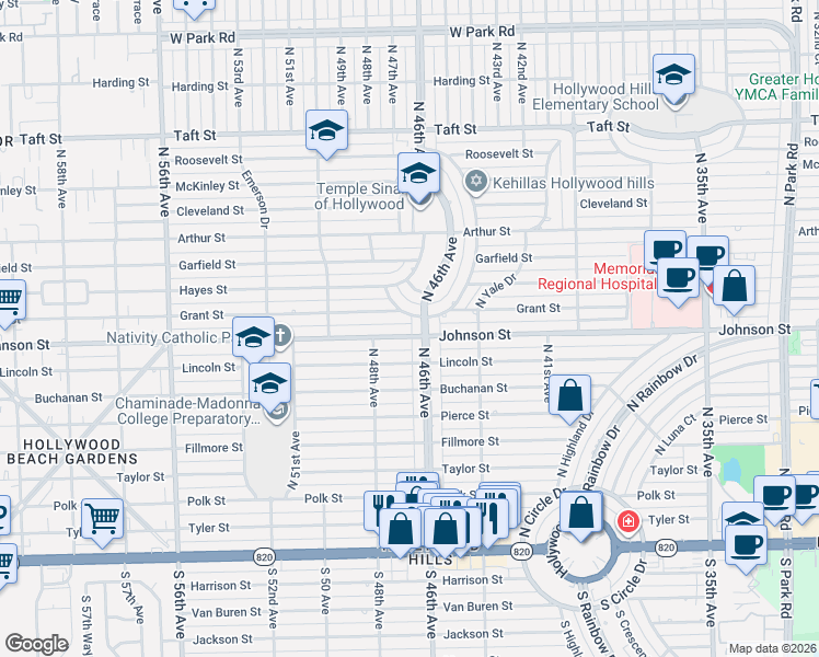 map of restaurants, bars, coffee shops, grocery stores, and more near 4601 West Hawthorne Circle in Hollywood
