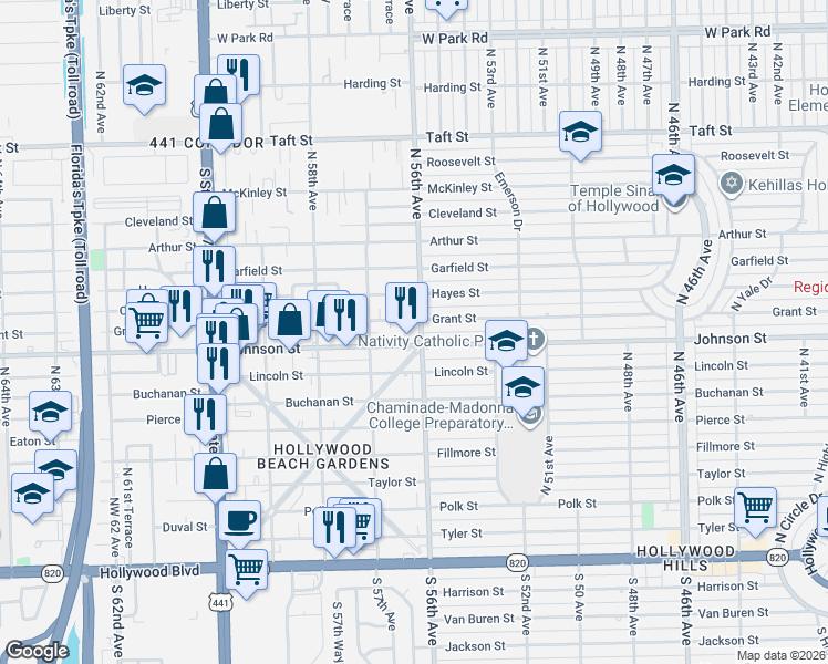 map of restaurants, bars, coffee shops, grocery stores, and more near 5601 Grant Street in Hollywood