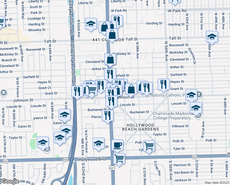 map of restaurants, bars, coffee shops, grocery stores, and more near 5910 Hayes Street in Hollywood