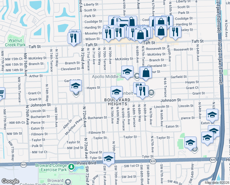 map of restaurants, bars, coffee shops, grocery stores, and more near 1040 North 69th Way in Hollywood