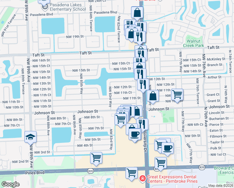 map of restaurants, bars, coffee shops, grocery stores, and more near 8220 Northwest 12th Street in Pembroke Pines
