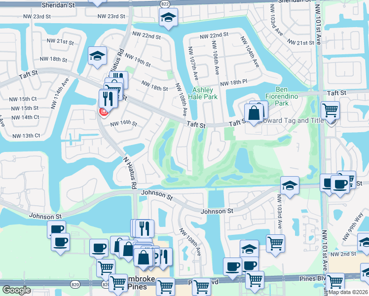 map of restaurants, bars, coffee shops, grocery stores, and more near 1530 East Golfview Drive in Pembroke Pines