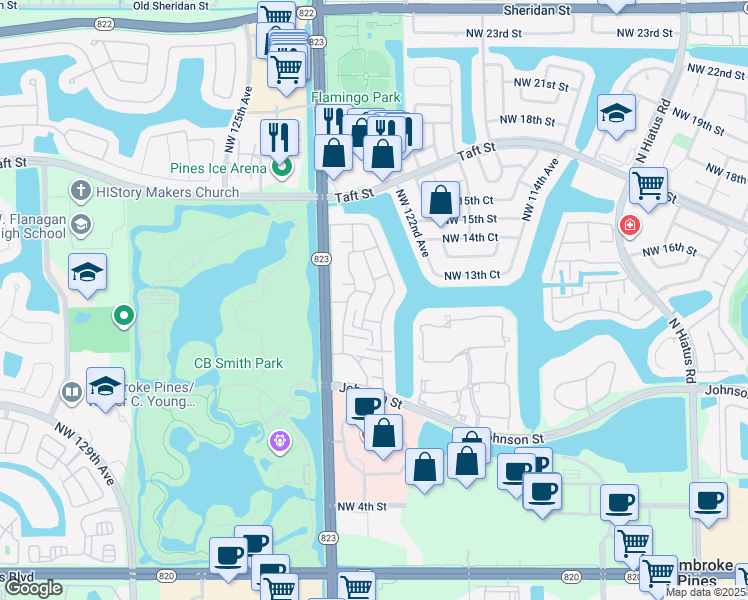 map of restaurants, bars, coffee shops, grocery stores, and more near 12286 Northwest 13th Court in Pembroke Pines