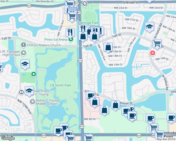 map of restaurants, bars, coffee shops, grocery stores, and more near 12387 Northwest 13th Court in Pembroke Pines