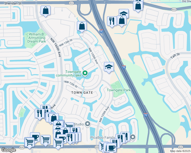 map of restaurants, bars, coffee shops, grocery stores, and more near 1325 Northwest 155th Lane in Pembroke Pines