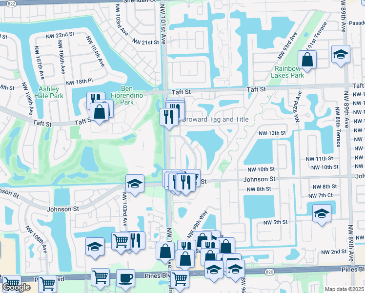 map of restaurants, bars, coffee shops, grocery stores, and more near 1301 Northwest 99th Avenue in Pembroke Pines