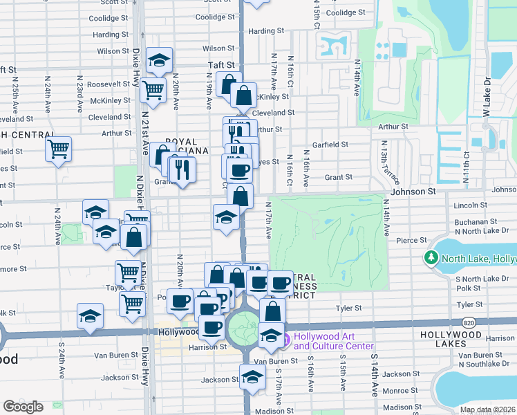 map of restaurants, bars, coffee shops, grocery stores, and more near 1727 Johnson Street in Hollywood