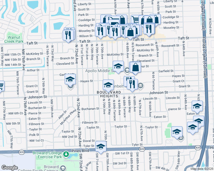 map of restaurants, bars, coffee shops, grocery stores, and more near 1040 North 69th Way in Hollywood