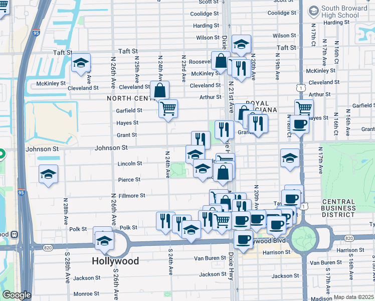 map of restaurants, bars, coffee shops, grocery stores, and more near 2237 Johnson Street in Hollywood