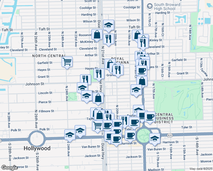 map of restaurants, bars, coffee shops, grocery stores, and more near 2017 Johnson Street in Hollywood