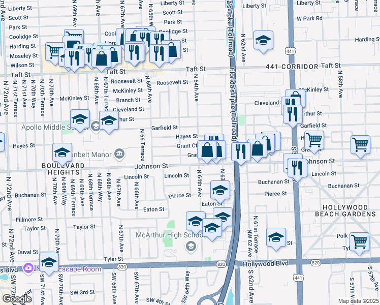 map of restaurants, bars, coffee shops, grocery stores, and more near 6413 Grant Street in Hollywood