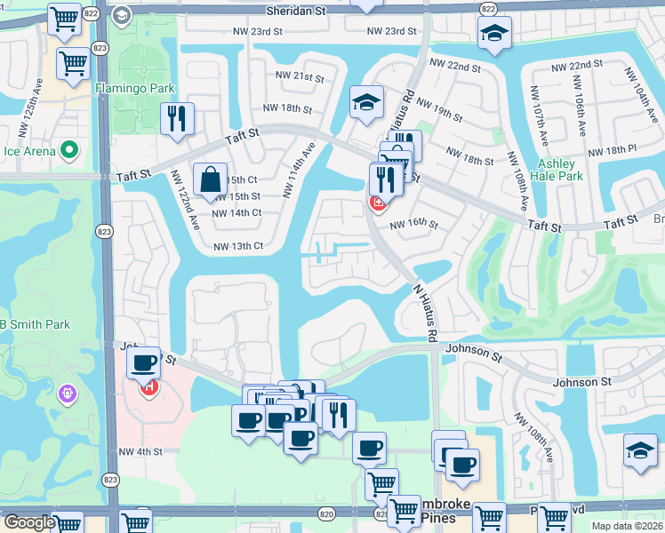 map of restaurants, bars, coffee shops, grocery stores, and more near 1490 Northwest 113th Avenue in Pembroke Pines