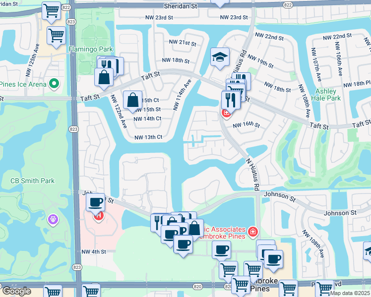 map of restaurants, bars, coffee shops, grocery stores, and more near 1512 Northwest 113th Way in Pembroke Pines