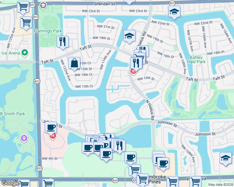 map of restaurants, bars, coffee shops, grocery stores, and more near 1490 Northwest 113th Avenue in Pembroke Pines