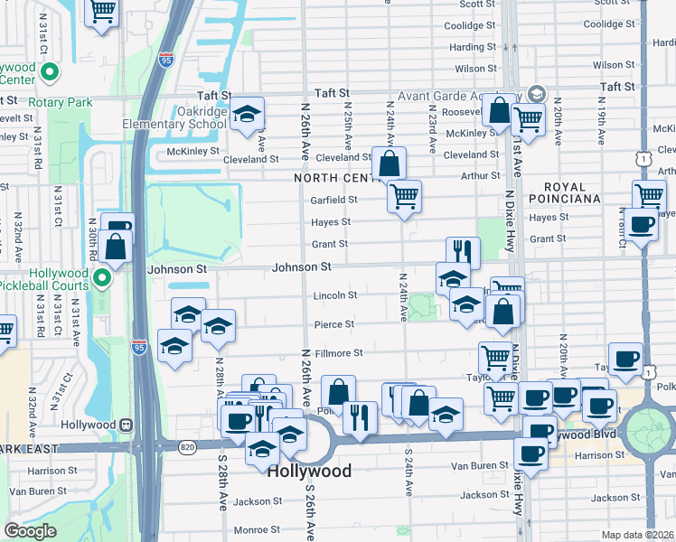 map of restaurants, bars, coffee shops, grocery stores, and more near 2508 Johnson Street in Hollywood