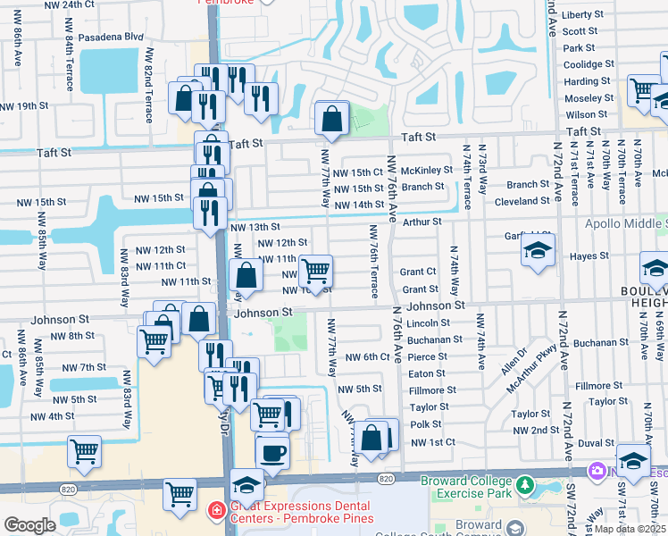 map of restaurants, bars, coffee shops, grocery stores, and more near 7721 Northwest 11th Court in Pembroke Pines