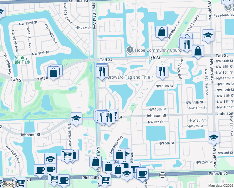 map of restaurants, bars, coffee shops, grocery stores, and more near 1097 Northwest 98th Terrace in Pembroke Pines