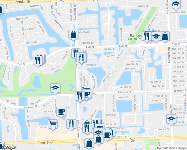map of restaurants, bars, coffee shops, grocery stores, and more near 9811 Northwest 13th Street in Pembroke Pines
