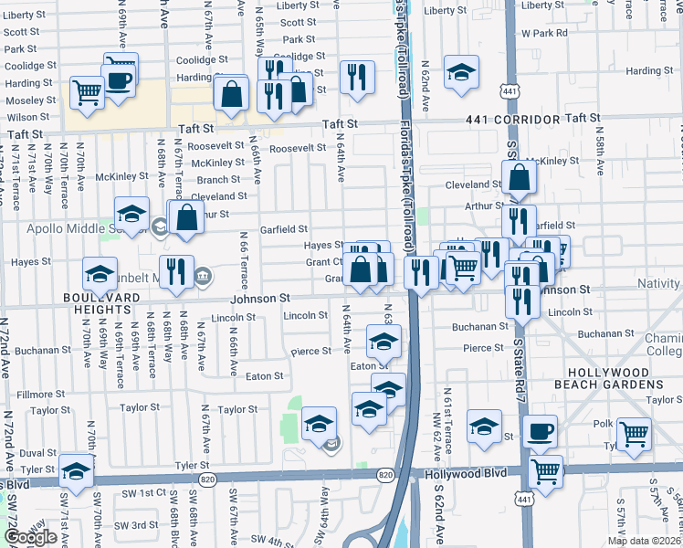 map of restaurants, bars, coffee shops, grocery stores, and more near 6329 Grant Court in Hollywood