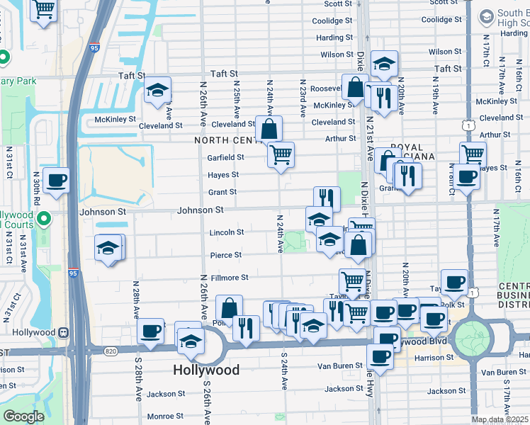 map of restaurants, bars, coffee shops, grocery stores, and more near 2419 Johnson Street in Hollywood