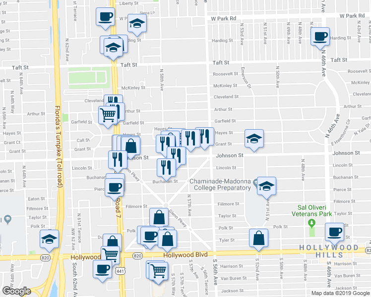 map of restaurants, bars, coffee shops, grocery stores, and more near 5701 Grant Street in Hollywood