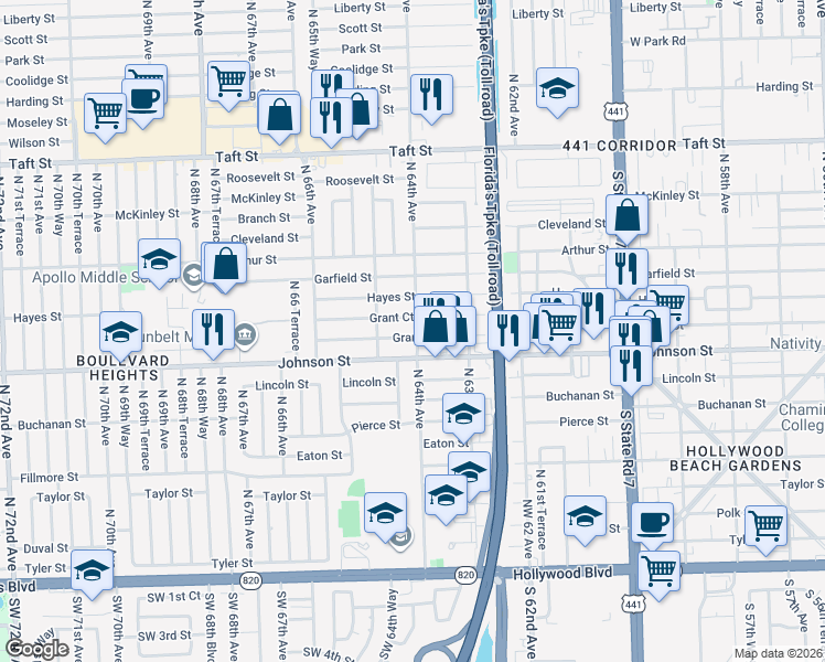 map of restaurants, bars, coffee shops, grocery stores, and more near 6329 Grant Court in Hollywood