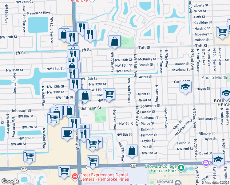 map of restaurants, bars, coffee shops, grocery stores, and more near 7721 Northwest 11th Court in Pembroke Pines