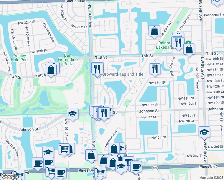 map of restaurants, bars, coffee shops, grocery stores, and more near 9811 Northwest 13th Street in Pembroke Pines