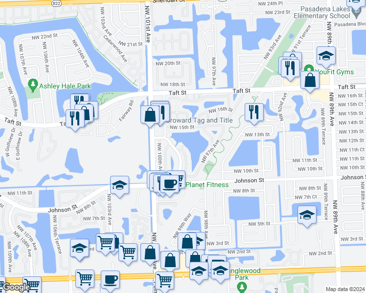 map of restaurants, bars, coffee shops, grocery stores, and more near 9811 Northwest 13th Street in Pembroke Pines