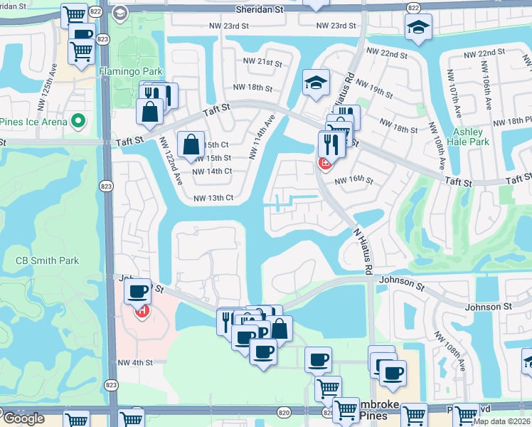 map of restaurants, bars, coffee shops, grocery stores, and more near 1512 Northwest 113th Way in Pembroke Pines