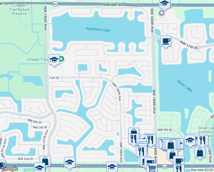 map of restaurants, bars, coffee shops, grocery stores, and more near 1396 Northwest 192nd Avenue in Pembroke Pines