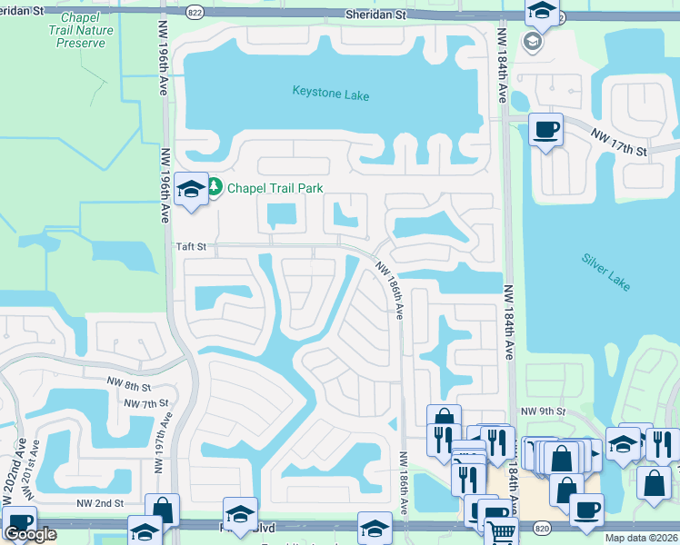 map of restaurants, bars, coffee shops, grocery stores, and more near 19229 Northwest 14th Street in Pembroke Pines