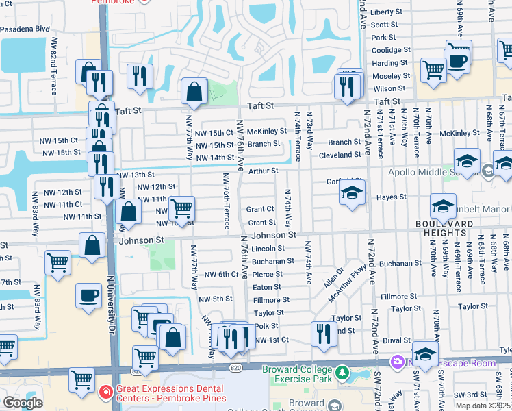 map of restaurants, bars, coffee shops, grocery stores, and more near 7525 Hayes Street in Hollywood