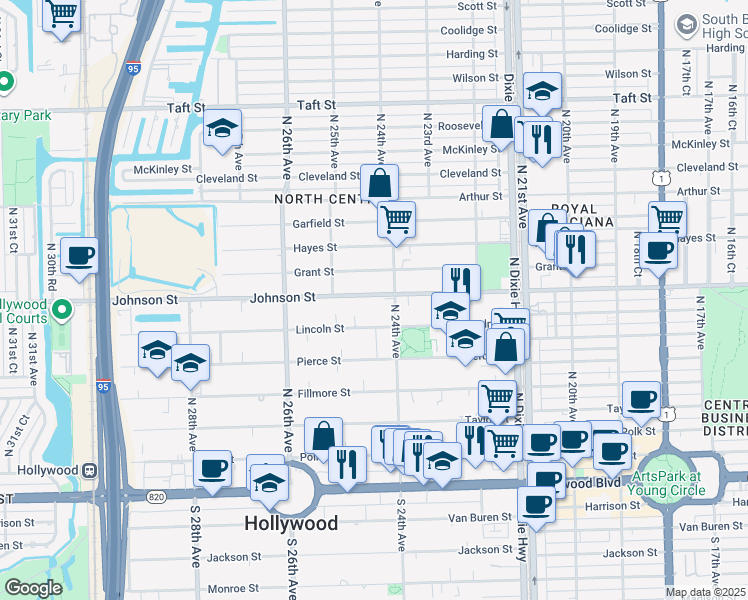 map of restaurants, bars, coffee shops, grocery stores, and more near 2419 Johnson Street in Hollywood