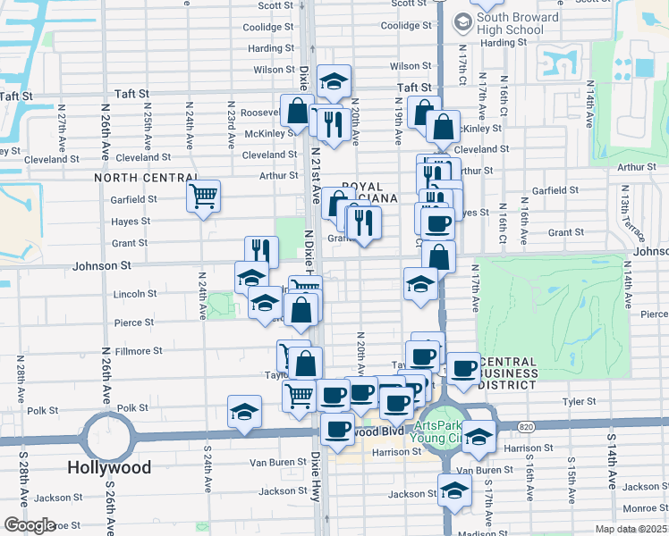 map of restaurants, bars, coffee shops, grocery stores, and more near 2017 Johnson Street in Hollywood