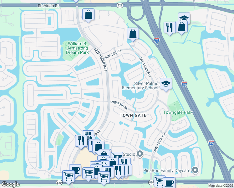 map of restaurants, bars, coffee shops, grocery stores, and more near 1240 Northwest 159th Avenue in Pembroke Pines