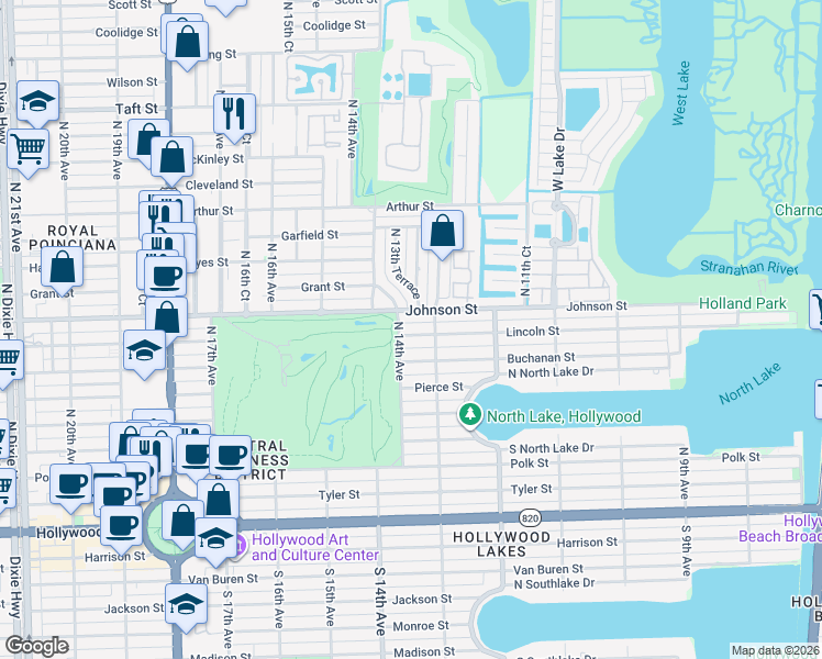 map of restaurants, bars, coffee shops, grocery stores, and more near 1341 Johnson Street in Hollywood
