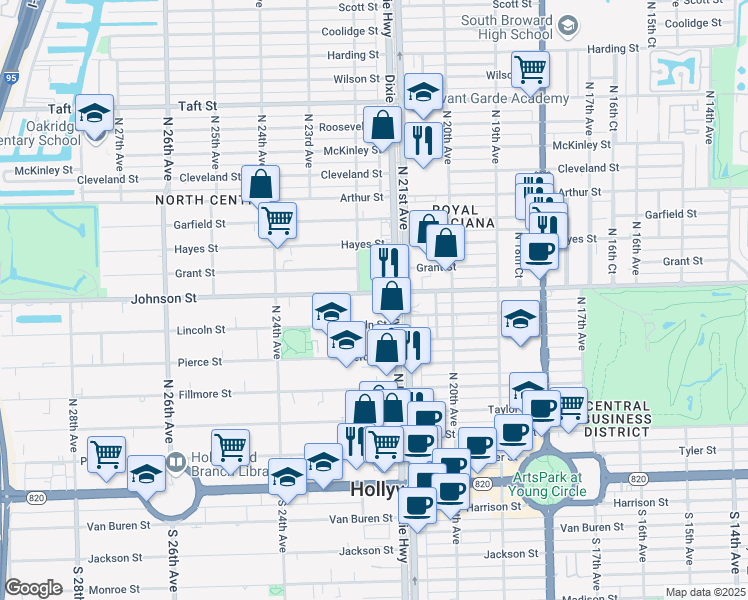 map of restaurants, bars, coffee shops, grocery stores, and more near in Hollywood