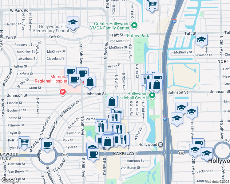 map of restaurants, bars, coffee shops, grocery stores, and more near 917 North Golf Drive in Hollywood