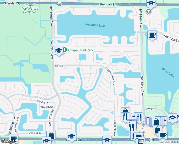 map of restaurants, bars, coffee shops, grocery stores, and more near 19265 Northwest 14th Street in Pembroke Pines