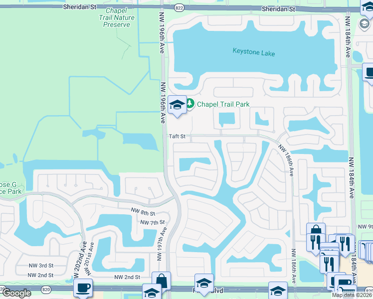 map of restaurants, bars, coffee shops, grocery stores, and more near 19448 Northwest 14th Street in Pembroke Pines