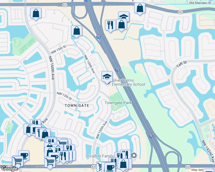 map of restaurants, bars, coffee shops, grocery stores, and more near 1209 Northwest 155th Avenue in Pembroke Pines