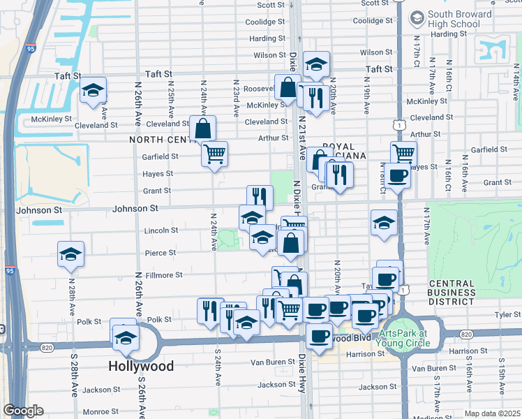 map of restaurants, bars, coffee shops, grocery stores, and more near 2237 Johnson Street in Hollywood